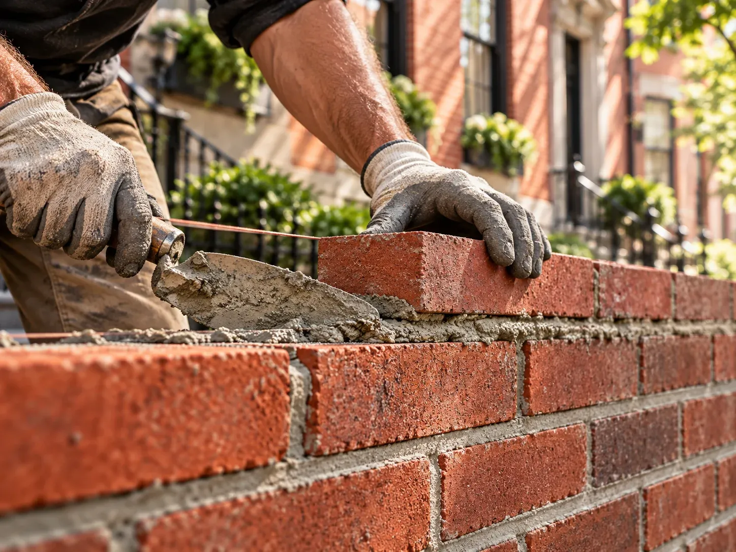 Gloved hands placing a red brick onto a fresh mortar bed