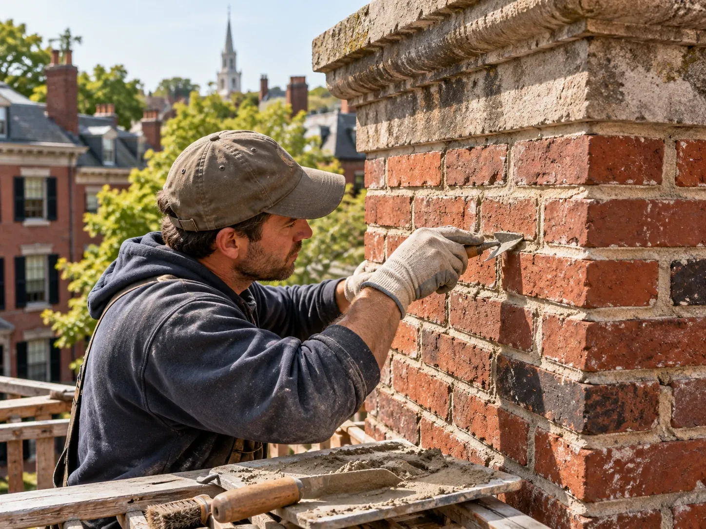 Mason tooling the mortar joints of a brick chimney