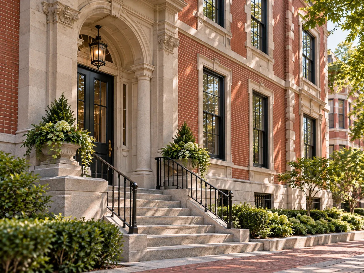 Brick and limestone building facade with a carved stone entrance