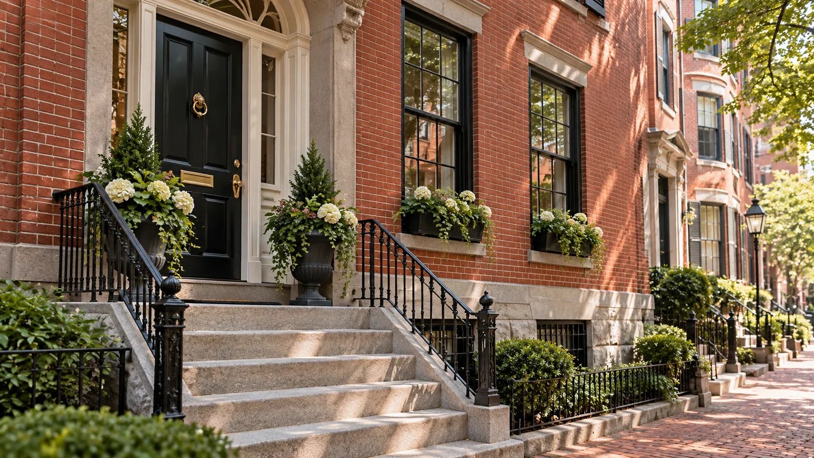 Red-brick townhouse with a limestone entry, stone steps, and black iron railings