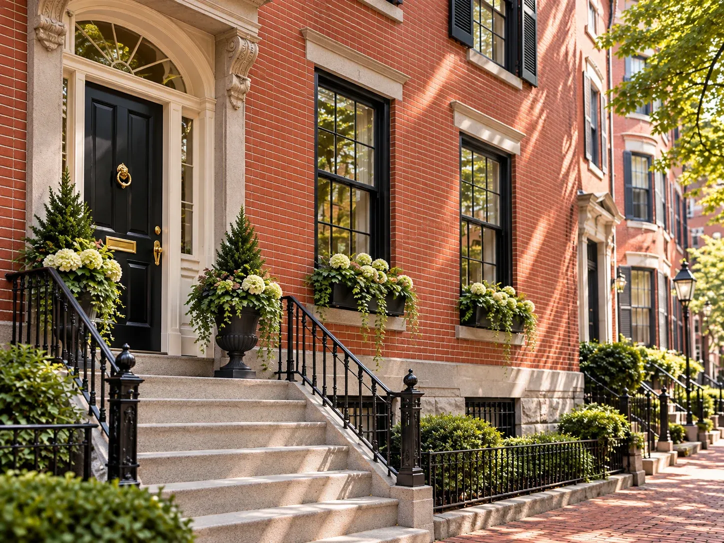 Traditional brick facade with limestone trim and black-framed windows