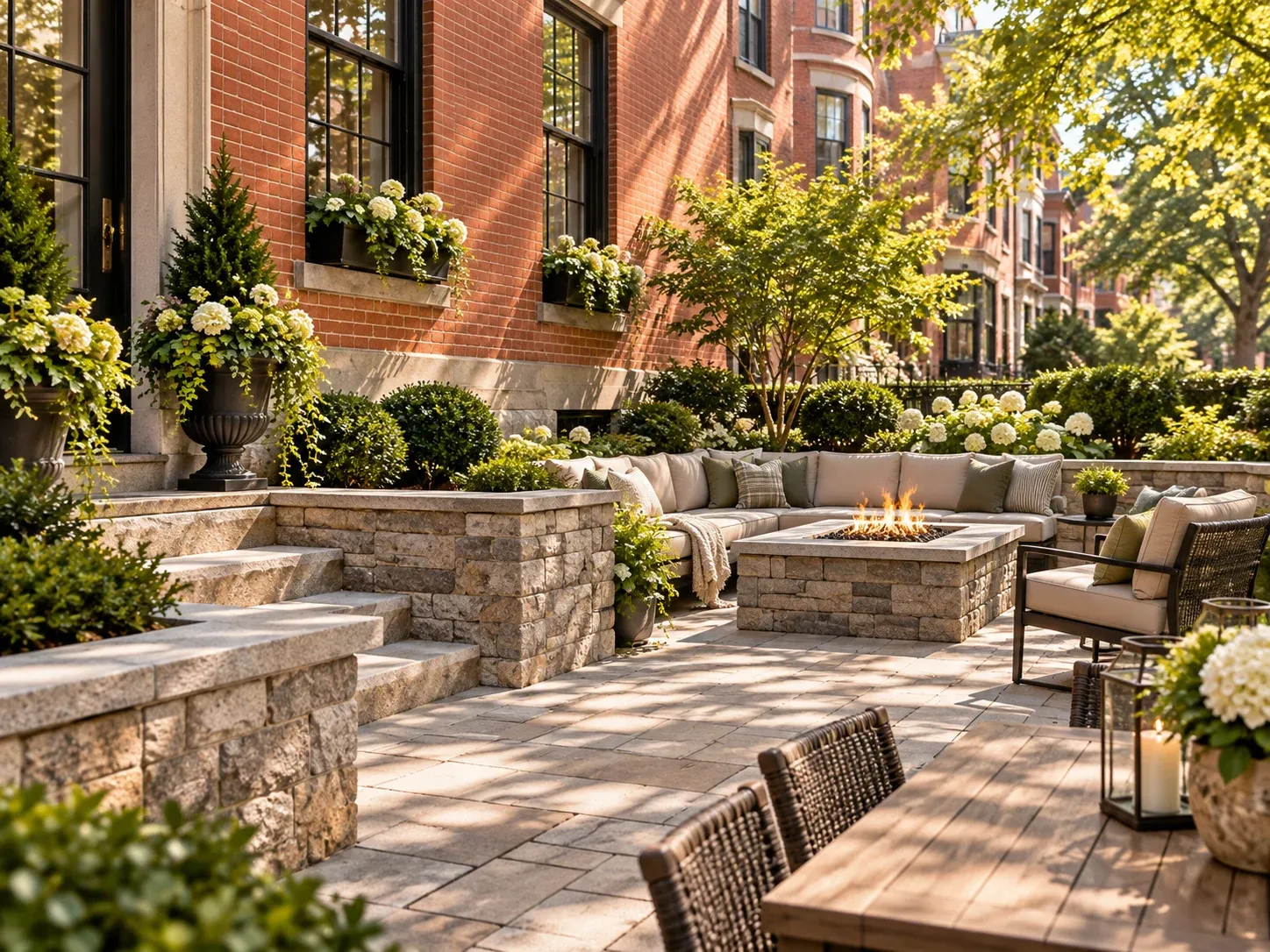 Stone patio with low garden walls, outdoor seating, and flowering plants