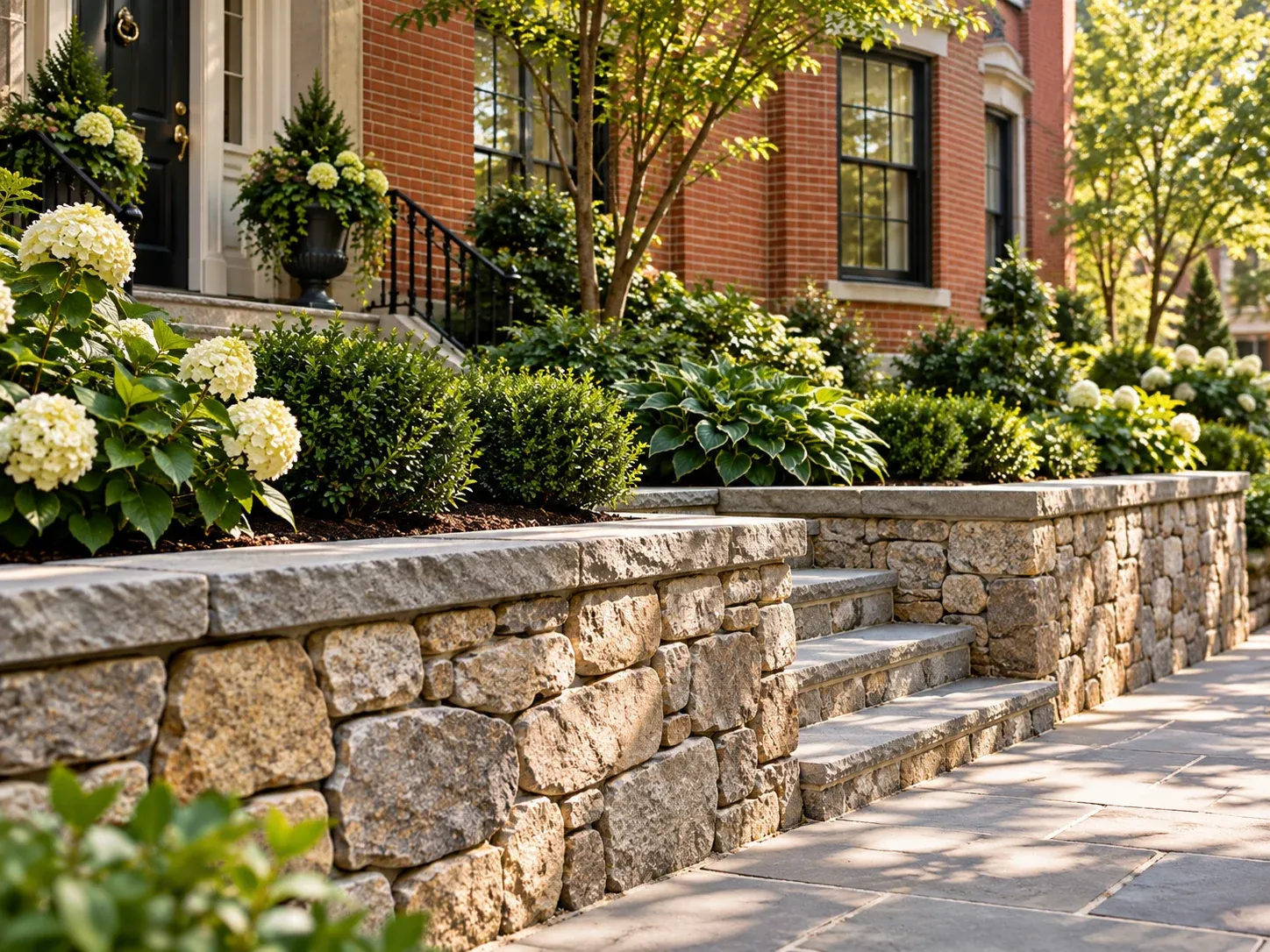 Natural stone garden wall with a flat stone cap beside a paved walkway