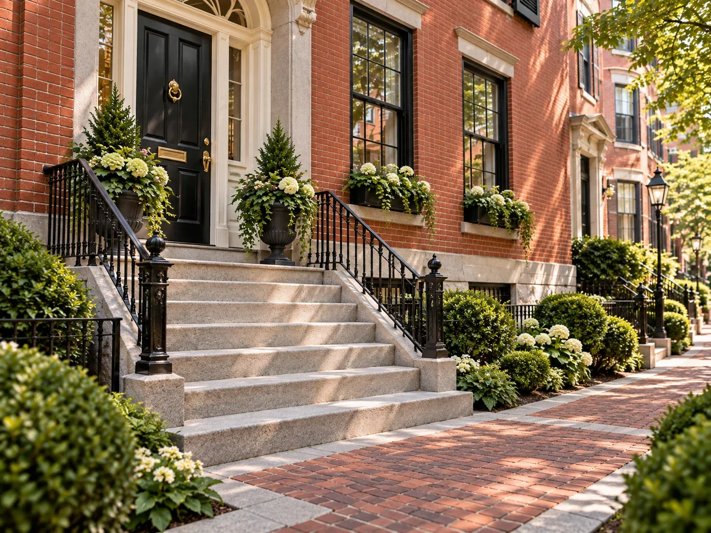 Broad stone entry steps bordered by brick paving and planted greenery
